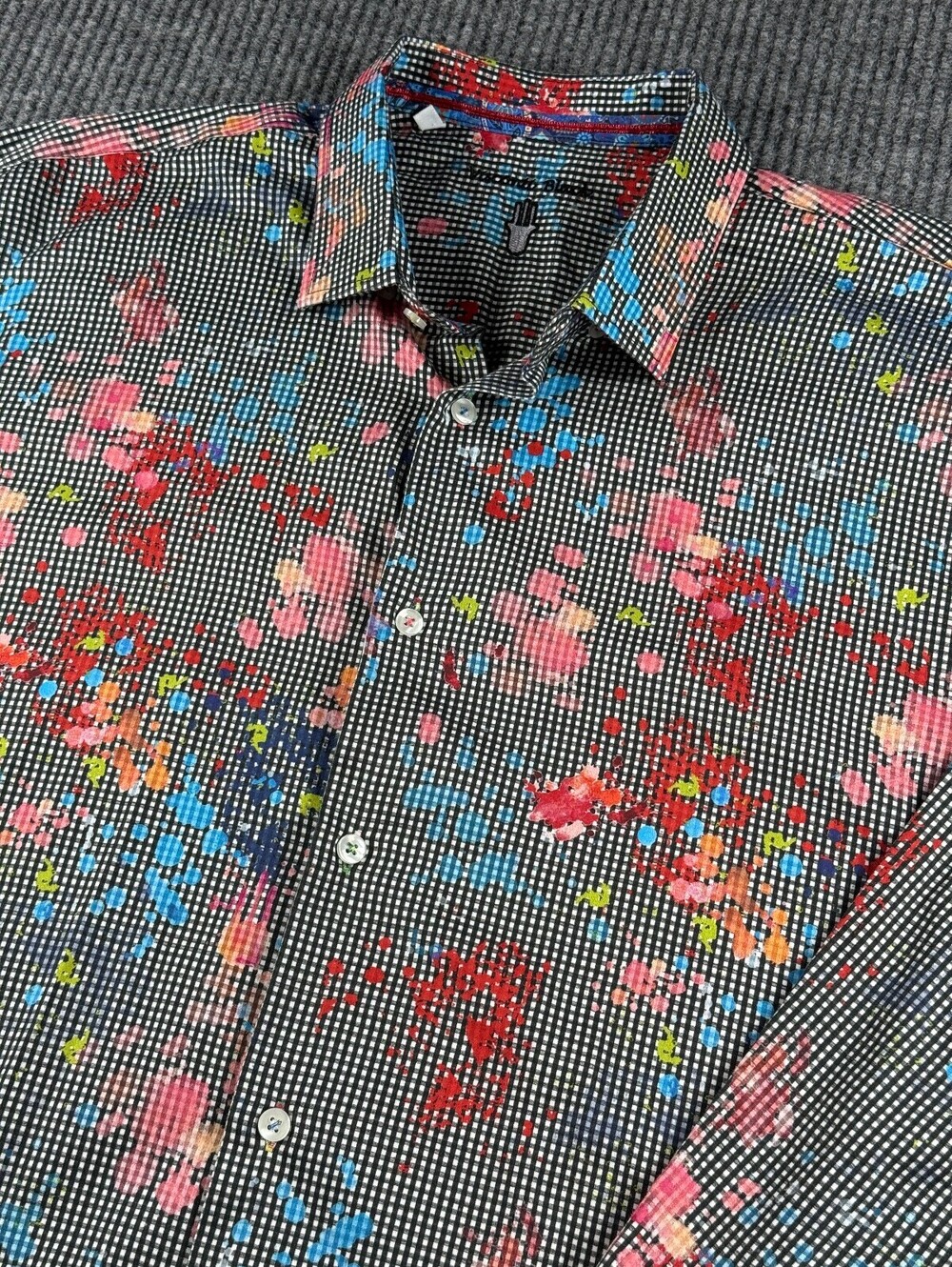 Visconti Black Button Up Shirt Mens XXL Long Sleeve Black Check Paint Splatter